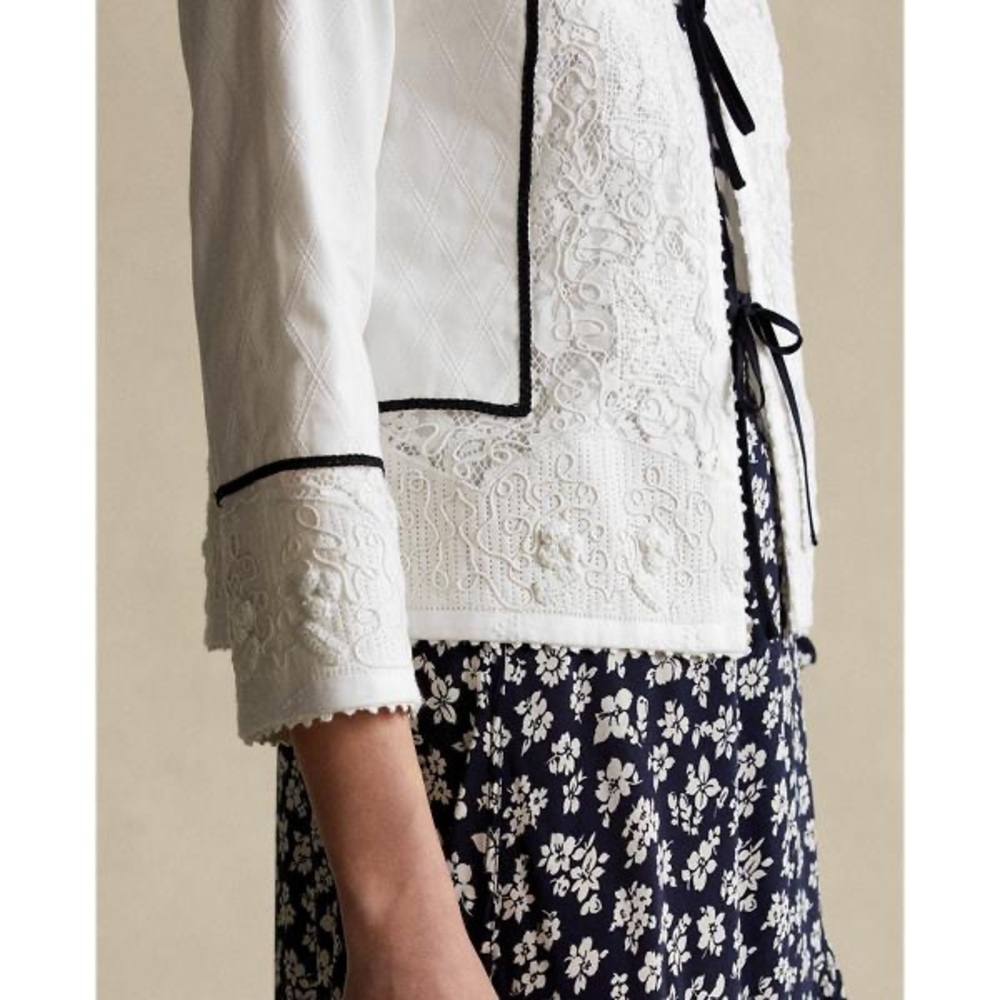 POLO RALPH LAUREN COTTON TWILL LACE JACKET WHITE BLACK WOMENS SIZE XS NEW - Picture 5 of 8